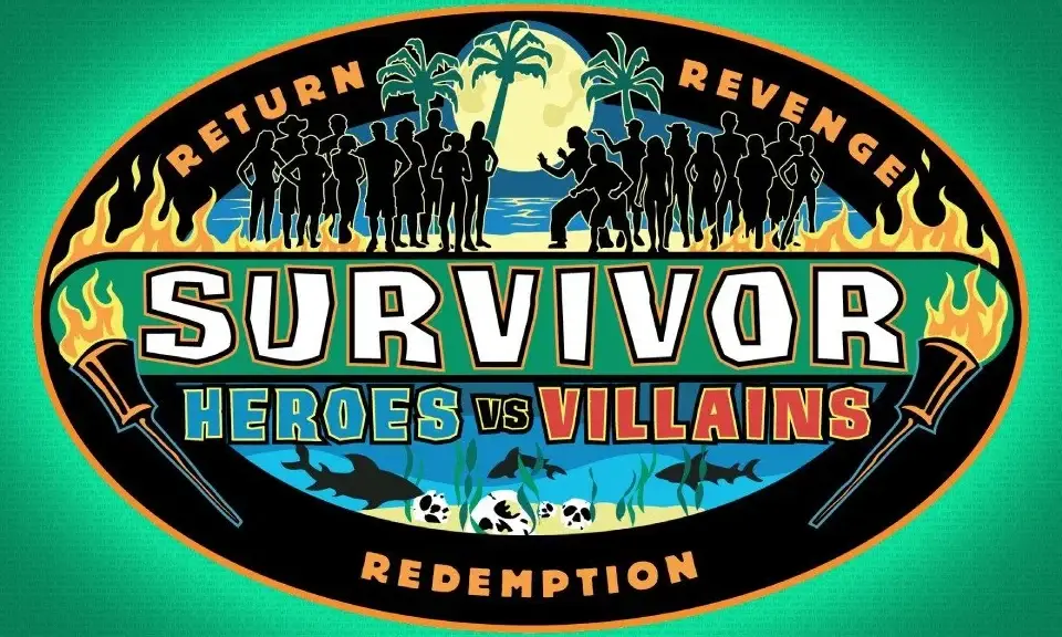 Survivor: Heroes vs. Villains logo, an oval badge with the cast silhouetted on a beach at night